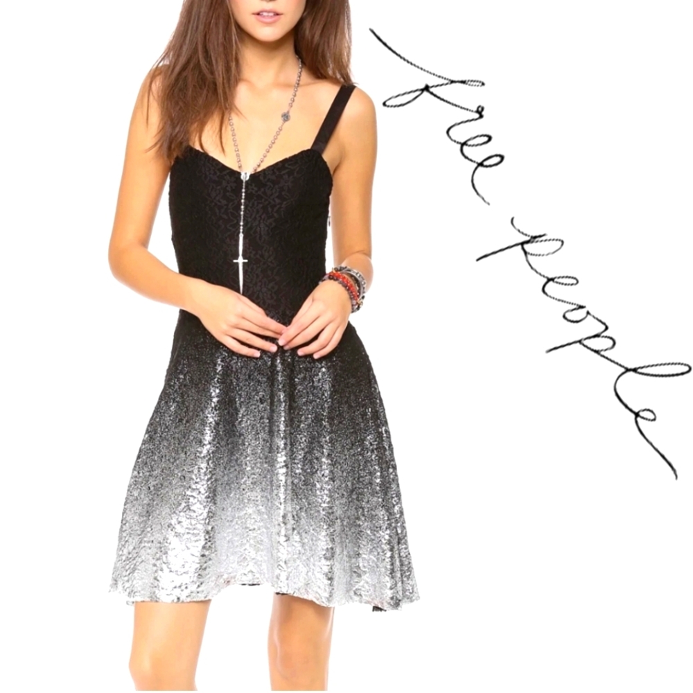 Free People Silver Foiled Ombré Black Lace Sleeveless Mini Dress